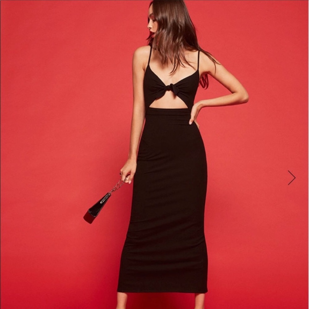 Reformation Womens Black Midi Dress Ribbed Front tie Sleeveless Rosella” size XS